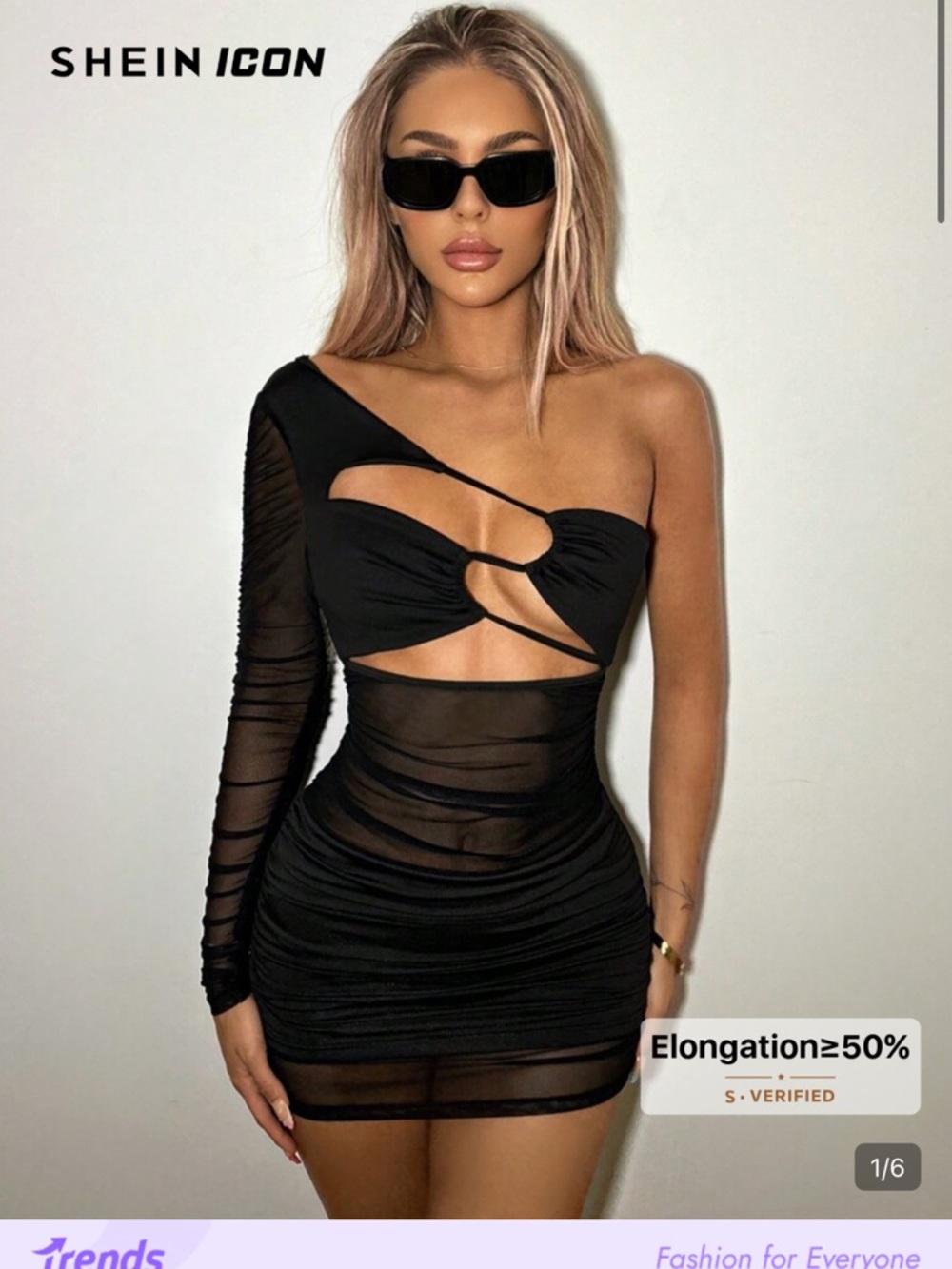 SHEIN Black One-Shoulder Cutout Mesh Bodycon Mini Dress